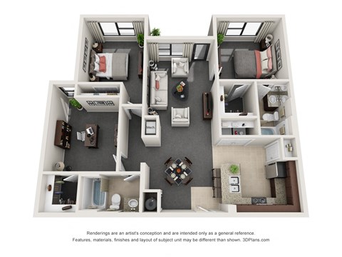 Floor plan for 2 beds, 2 baths, 1137 sqft